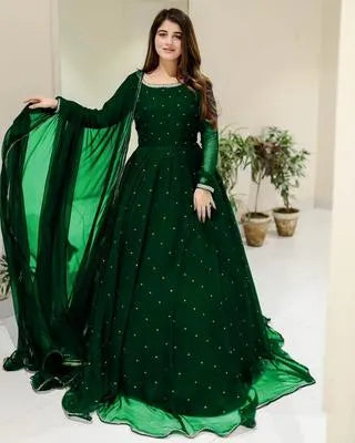 Elegant Green Chiffon Embroidered 3-Piece Maxi Set for Women