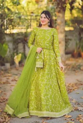 Elegant Yellow Shamoz Silk Embroidered Maxi Set for Women