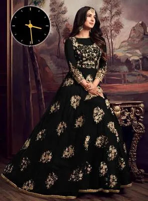 Elegant Black Organza Embroidered Maxi Dress with Trouser Set