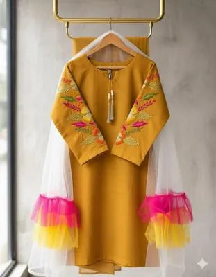 Elegant Mustard Silk Embroidered Women's 3 Piece Suit