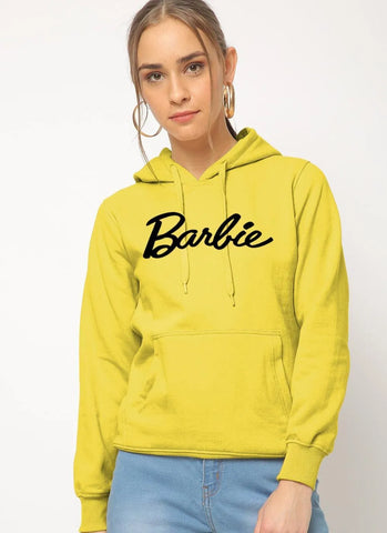 Stylish Women's Fleece Printed Pullover Hoodie in Yellow