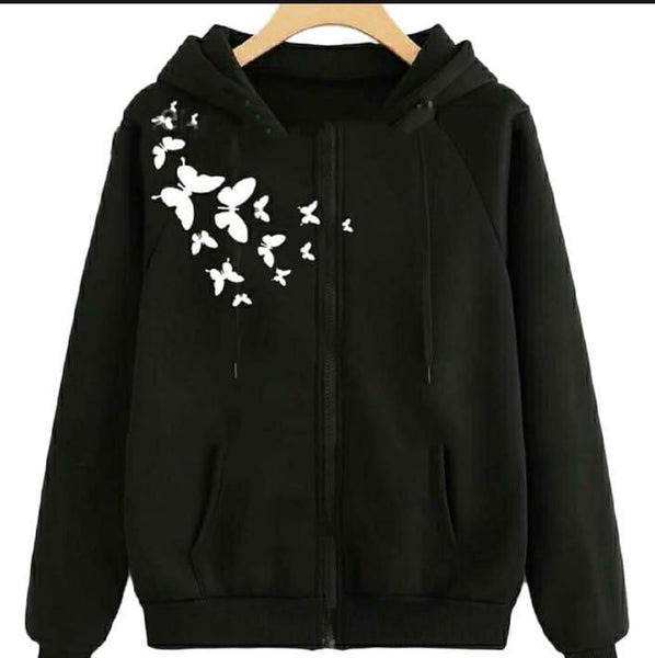 Cozy Black Fleece Printed Pullover Hoodie for Women