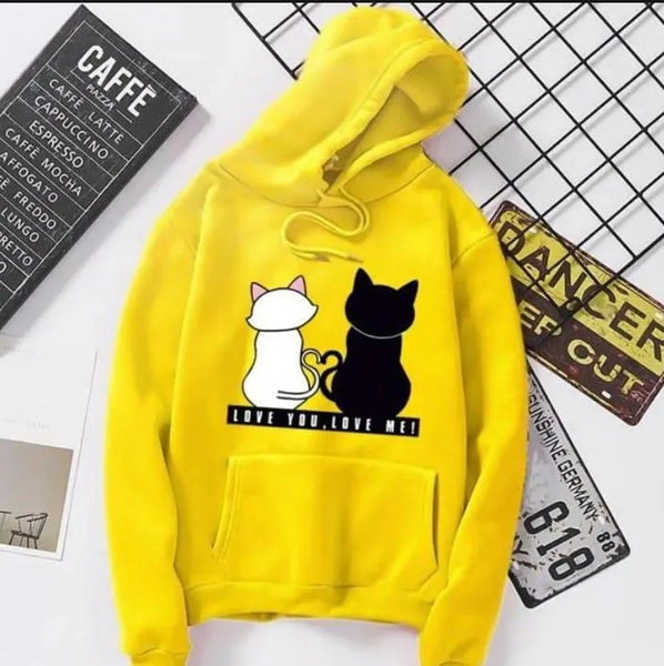 Stylish Yellow Fleece Printed Pullover Hoodie for Women
