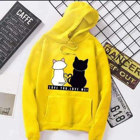 Stylish Yellow Fleece Printed Pullover Hoodie for Women