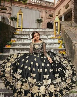 Embroidered Black Shamoz Silk Flared Lehenga Set for Women