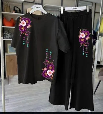 Stylish Black Jersey 2 Piece Women's Printed Night Suit