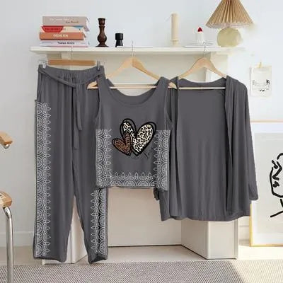 Grey Jersey Printed Night Suit for Women - 3 Piece Sleep Wear