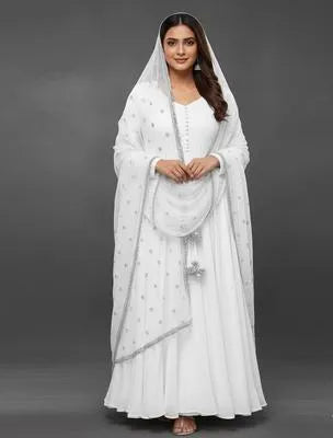 Elegant White Crinkle Chiffon Maxi Suit – 3 Pcs Ensemble