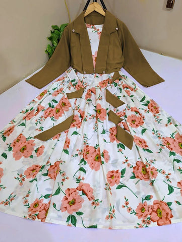 Elegant Cotton Maxi Dress with Koti - Printed Round Neck Design