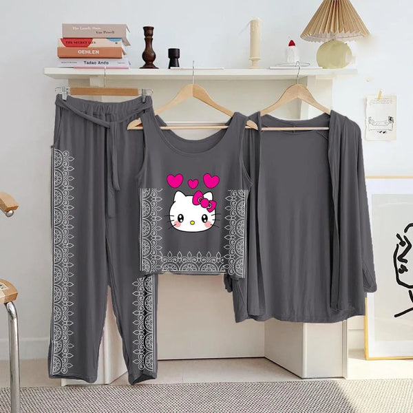 Stylish 3 Piece Jersey Printed Night Suit for Women