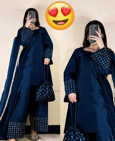 Elegant Blue Shamoz Silk 4-Piece Women's Stitched Suit