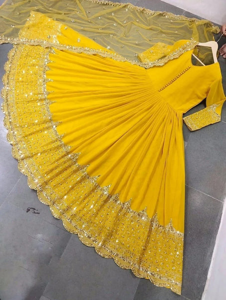 Elegant Yellow Chiffon Sequins Maxi Dress with Trouser & Dupatta