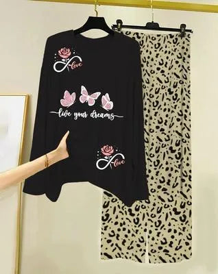 Stylish Black Cotton Jersey 2 Piece Printed Night Suit for Women