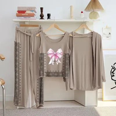 Stylish Jersey Printed 3-Piece Women's Night Suit in Beige