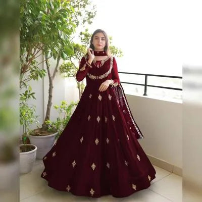 Elegant Maroon Chiffon Embroidered Maxi & Trouser Set for Women