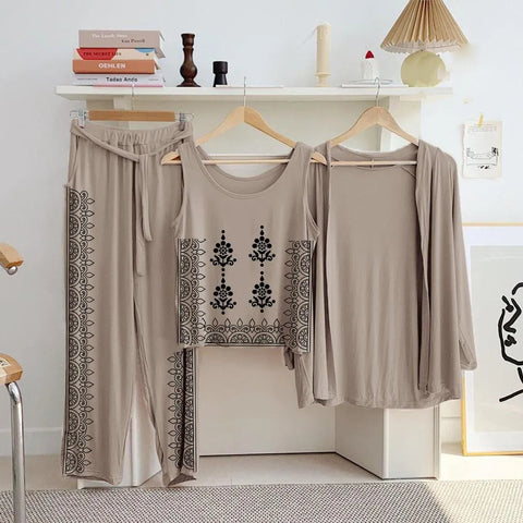 Beige Jersey Printed 3-Piece Women's Nightwear Set