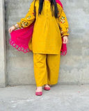 Elegant Yellow Linen Embroidered 2 Piece Women's Outfit
