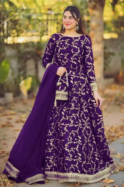 Elegant Purple Shamoz Silk Embroidered Maxi Dress for Women