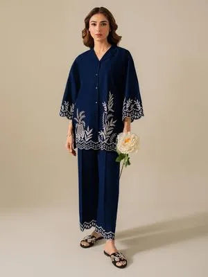 Elegant Blue Cotton Embroidered 2 Piece Women's Outfit
