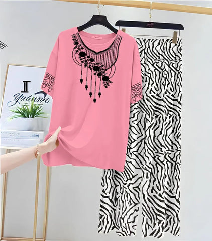 Stylish Jersey Printed 2-Piece Women's Sleep Suit in Pink