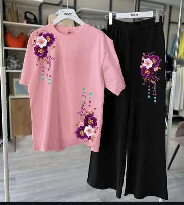 Stylish Jersey Printed 2 Piece Women's Night Suit in Pink