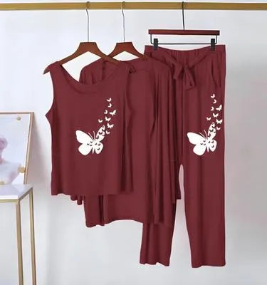 Maroon Jersey Printed 3 Piece Women's Night Suit with Shorts