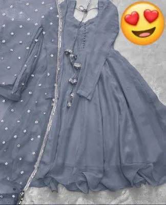 Elegant Grey Chiffon Maxi & Trouser Set for Women - 3 Pcs