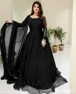 Elegant Black Chiffon Patch Work Maxi Suit - 3 Piece Set