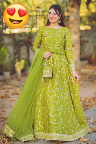 4 Pcs Women's Stitched Shamoz Silk Embroidered Lehenga Choli