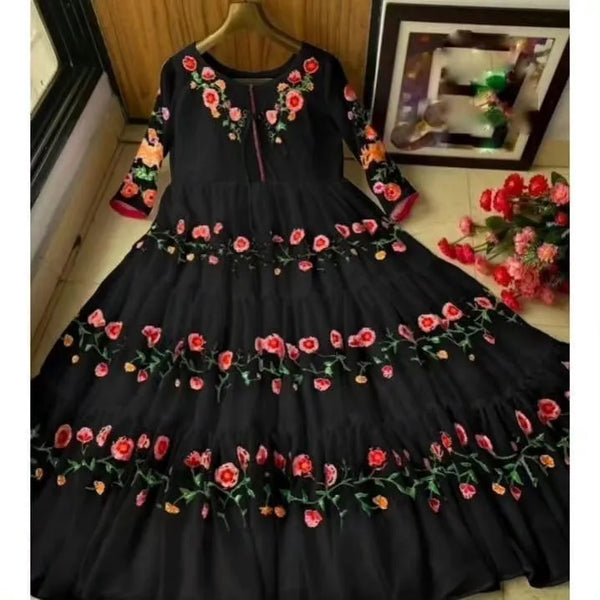 Elegant Black Embroidered Chiffon Maxi Dress for Women