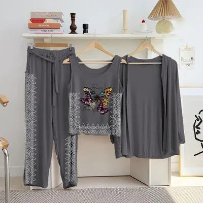 Grey Jersey Printed Night Suit - 3 Pcs Sleep Wear Set for Women