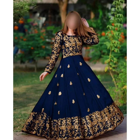 Elegant Blue Shamoz Silk Embroidered Maxi & Trouser Set for Women