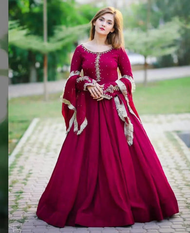 Elegant Maroon Chiffon Embroidered 3-Piece Women's Frock Set