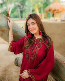 Elegant Maroon Linen Embroidered Shirt and Trouser Set for Women