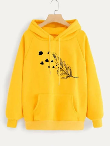 Stylish Yellow Printed Fleece Pullover Hoodie for Women