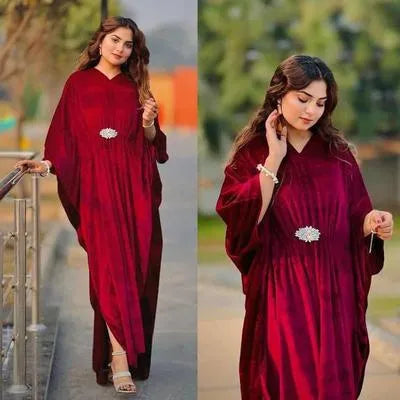 Elegant Maroon Velvet Maxi Dress with V-Neck Design
