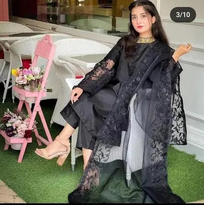 Elegant Black Organza Embroidered 3 Piece Women's Suit