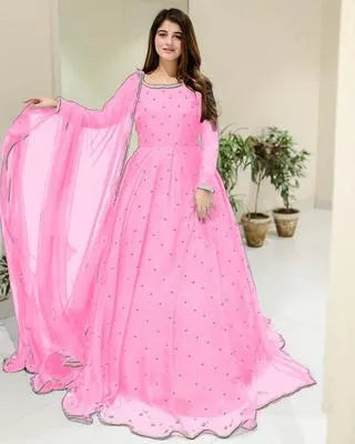 Elegant Pink Chiffon Embroidered Maxi Dress with Trouser