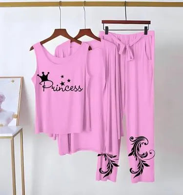 3 Piece Women's Jersey Printed Night Suit in Pink