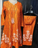 Elegant Women's Linen Printed Frock & Trouser Set in Orange