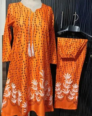 Elegant Women's Linen Printed Frock & Trouser Set in Orange