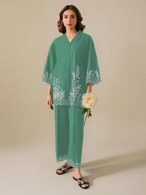 Elegant Beige Cotton Embroidered 2 Piece Women's Set