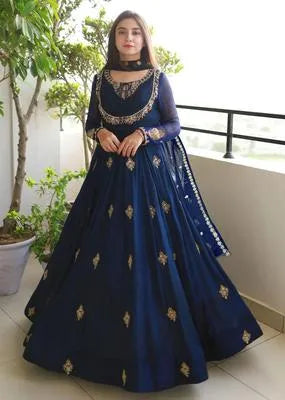 Elegant Blue Chiffon Embroidered Maxi Suit - 3 Pieces