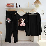 Elegant Black Jersey Printed 3 Piece Women's Night Suit