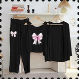 3 Piece Women's Jersey Printed Night Suit with Shorts - Black