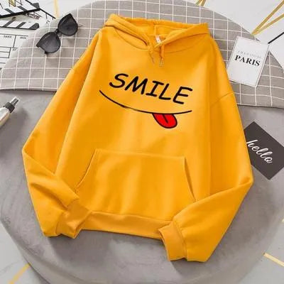 Stylish Women's Fleece Printed Pullover Hoodie in Yellow