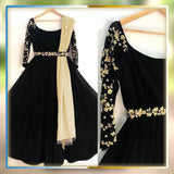 Elegant Black Silk Embroidered Maxi Suit for Women - 3 Piece Set
