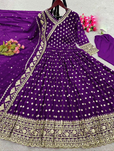 Purple Chiffon Embroidered Maxi with Trouser & Dupatta - 3 Pcs
