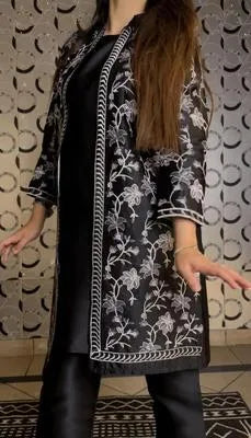 Elegant Black Shamoz Silk Embroidered Gown Suit - 3 Piece Set