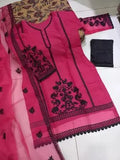 3 Piece Women's Stitched Organza Embroidered Suit in Pink